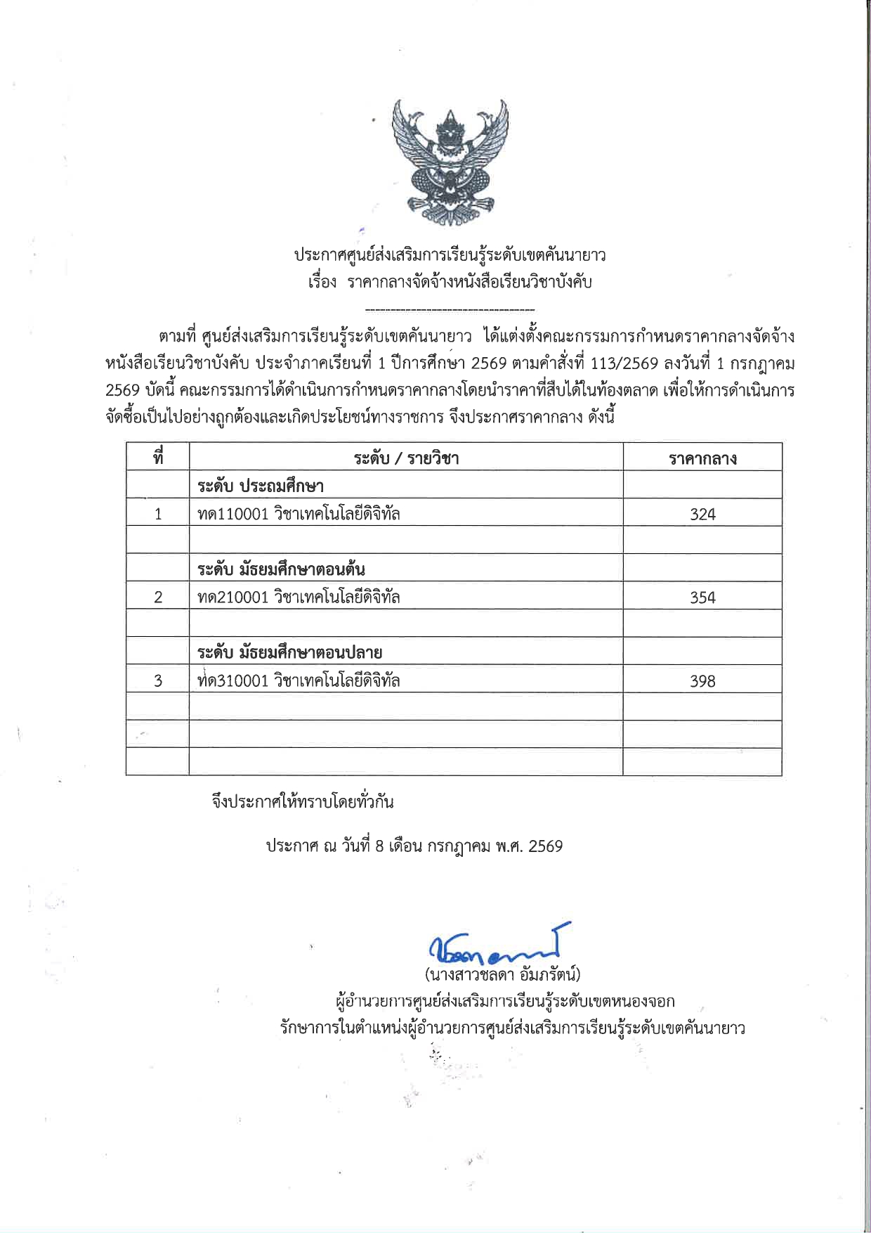 ประกาศราคากลางจัดซื้อหนังสือเรียนวิชาบังคับและวิชาเลือกบังคับ